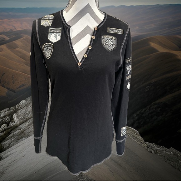 ALP N ROCK HENLEY SHIRT - SKI THE WORLD | BLACK SIZE LARGE! RARE - Picture 2 of 6